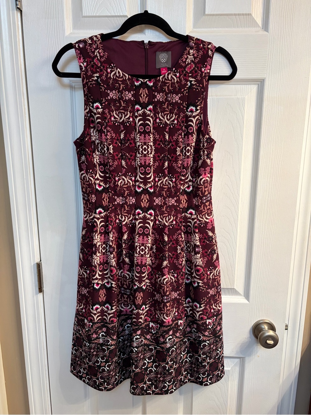 Vince Camuto Burgundy Printed Sleeveless Fit-and-Flare Dress